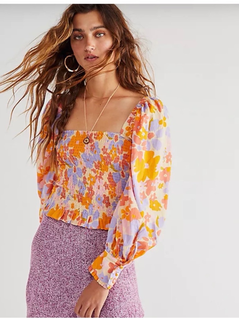 Free People 100% Cotton Floral Smocked Puff-Sleeve Top in Lavender & Orange